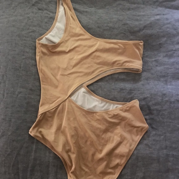 Solid and Striped Tan one sleeved Bathing suit - Picture 2 of 3